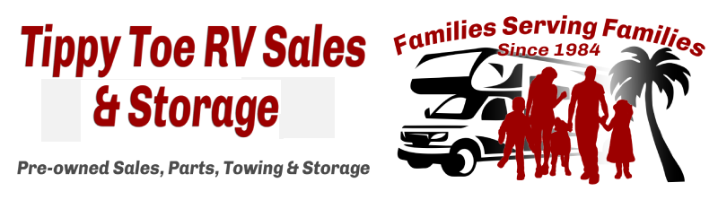 Tippy Toe RV Sales and Storage Logo - Family in front of RV and Palm Tree